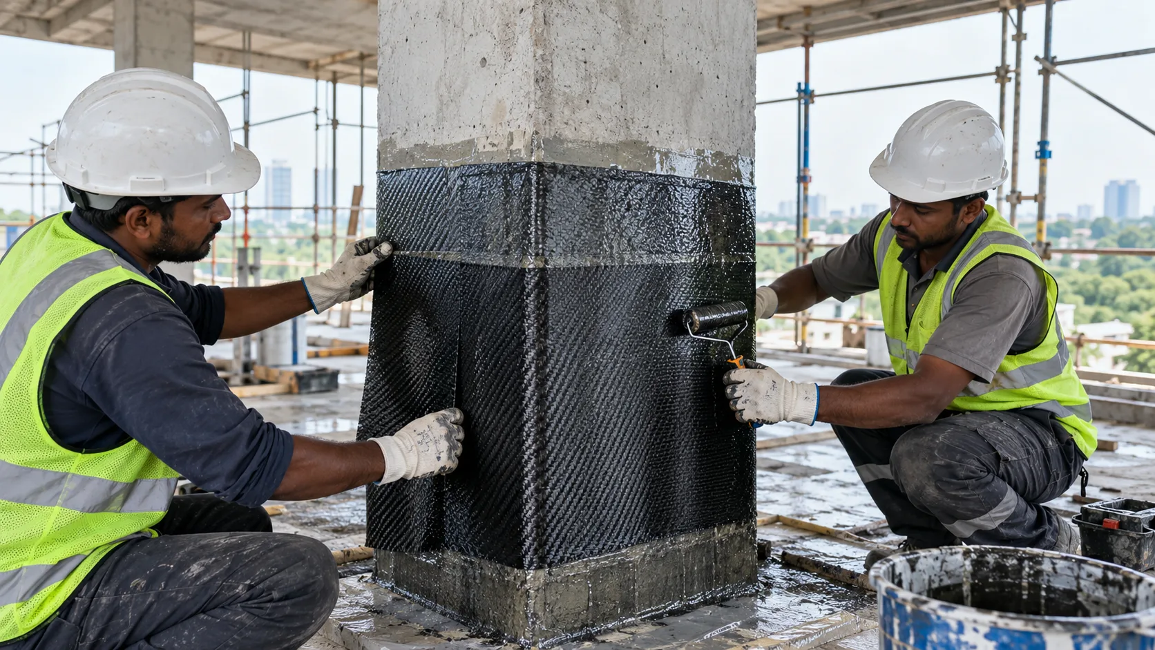 Specialist installers applying black carbon-fibre fabric around a prepared reinforced-concrete column