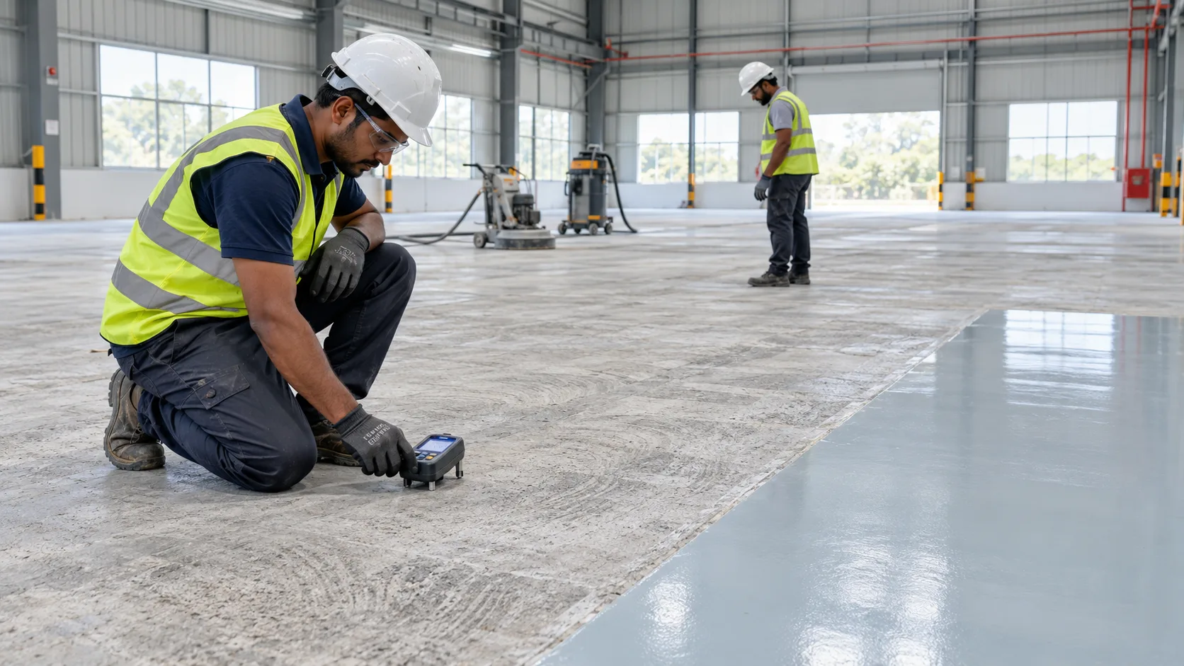 Industrial flooring technician testing moisture in a prepared concrete slab before epoxy coating