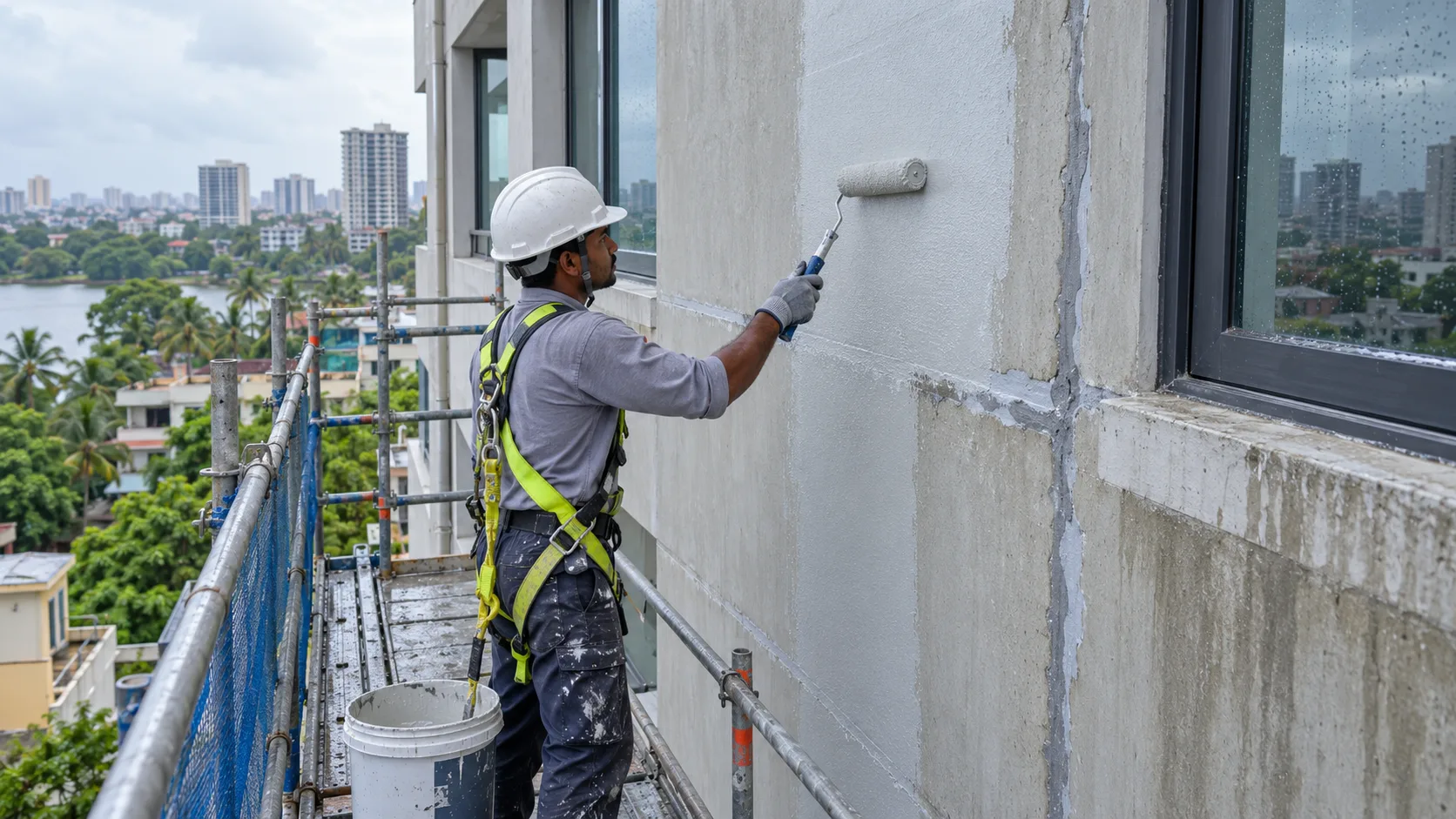 Specialist applying a protective waterproof coating to a repaired external concrete wall in Sri Lanka