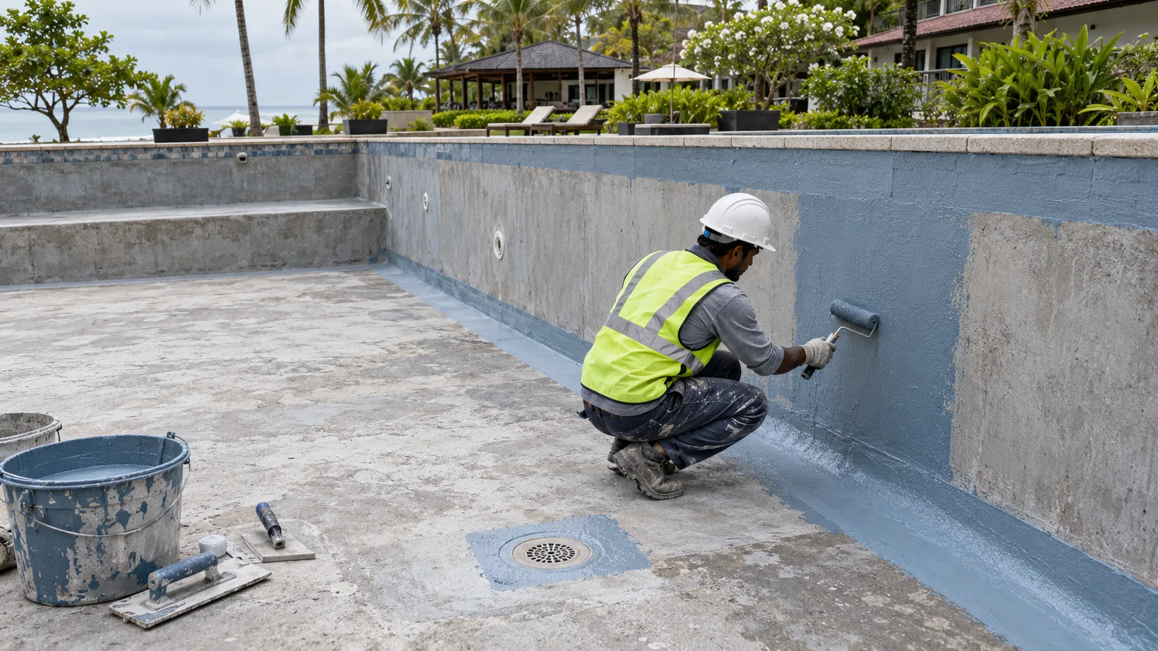 Waterproofing specialist applying a flexible membrane to an empty concrete swimming pool in Sri Lanka
