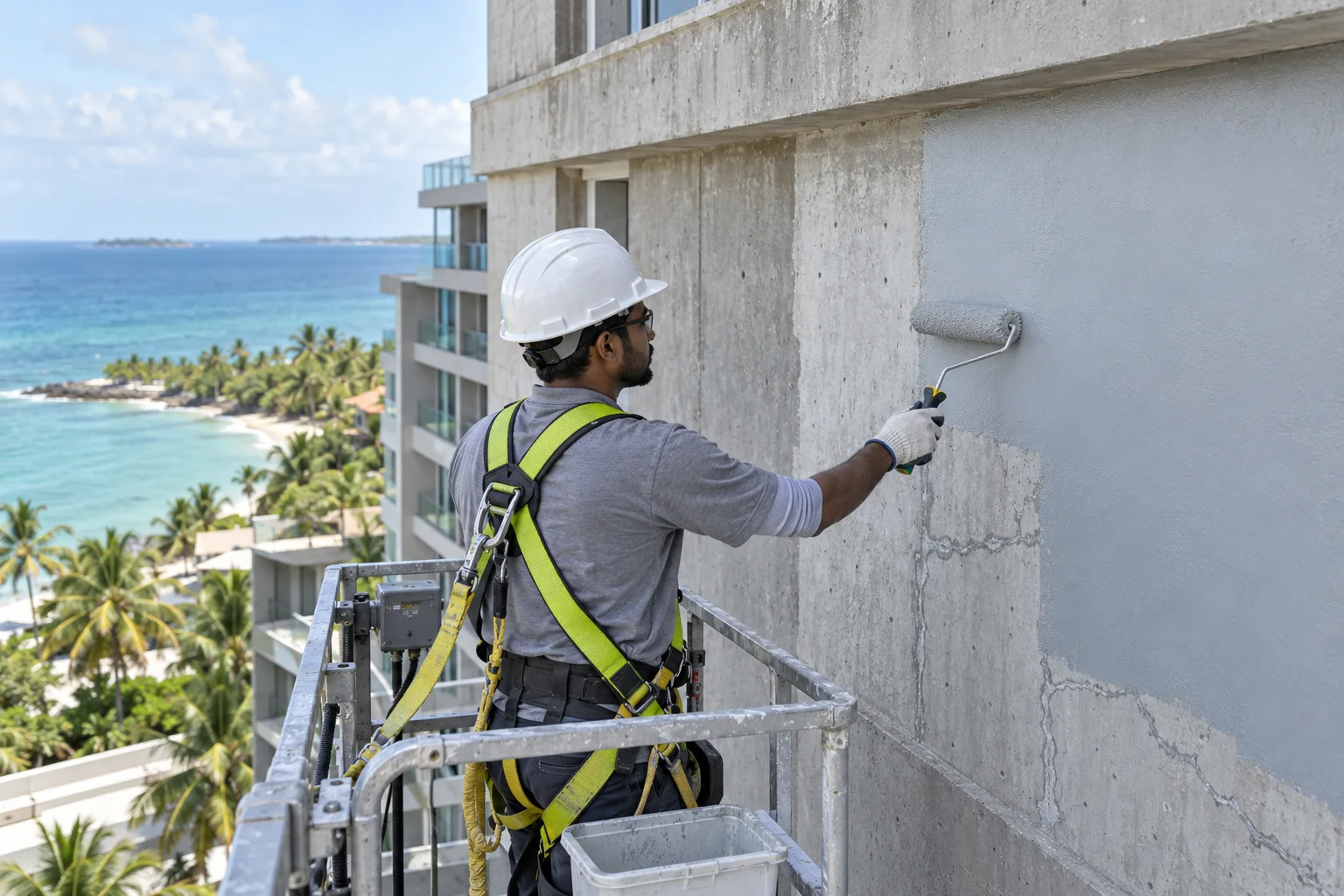 Specialist applying an anti-carbonation protective coating to a repaired coastal concrete facade