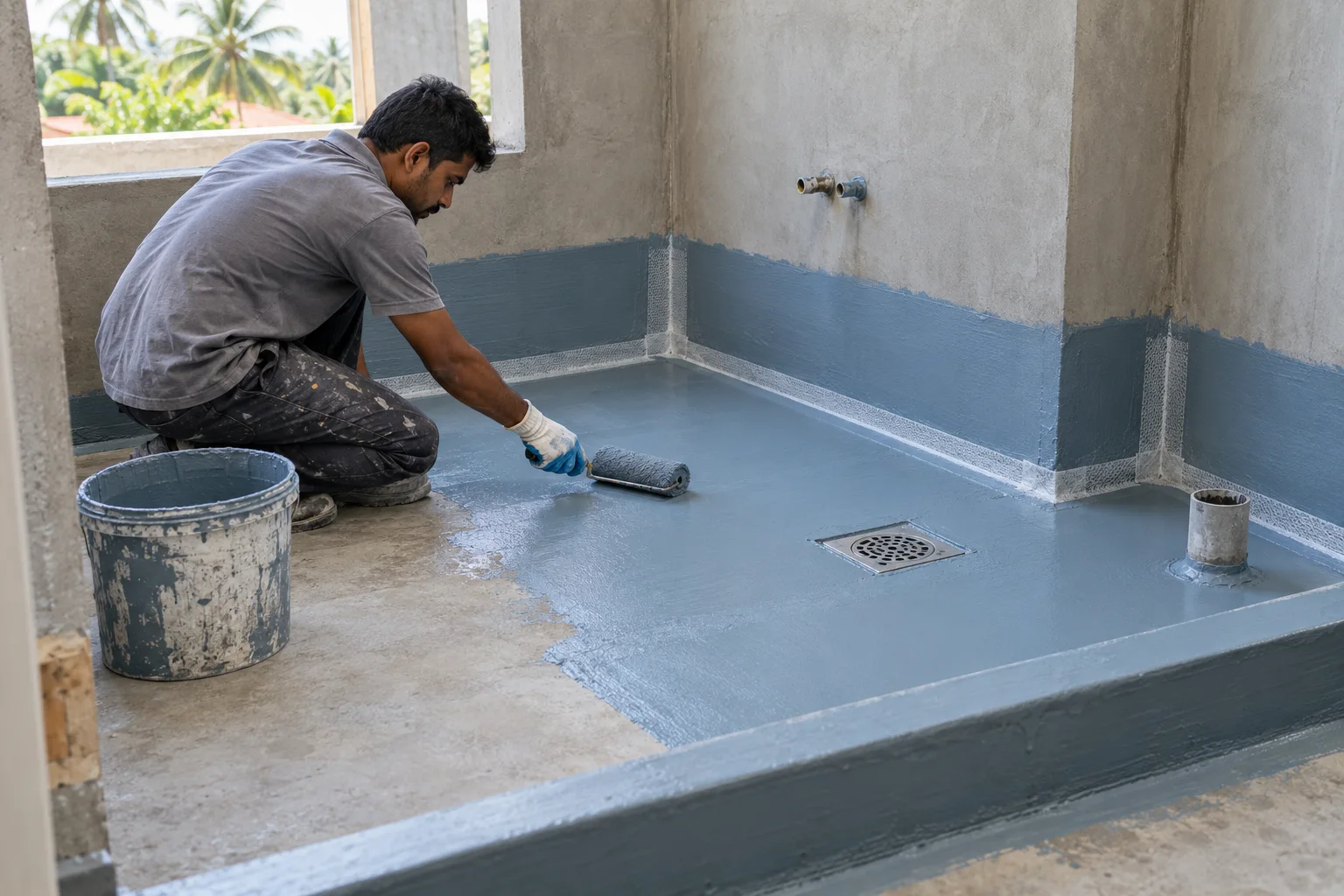 Specialist applying a flexible cementitious waterproofing membrane to a bathroom floor before tiling in Sri Lanka