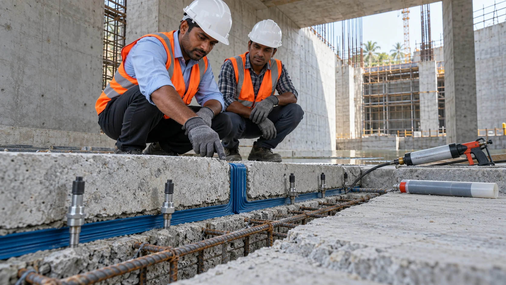 Engineers inspecting a concrete construction joint with a waterstop and injection packers in Sri Lanka