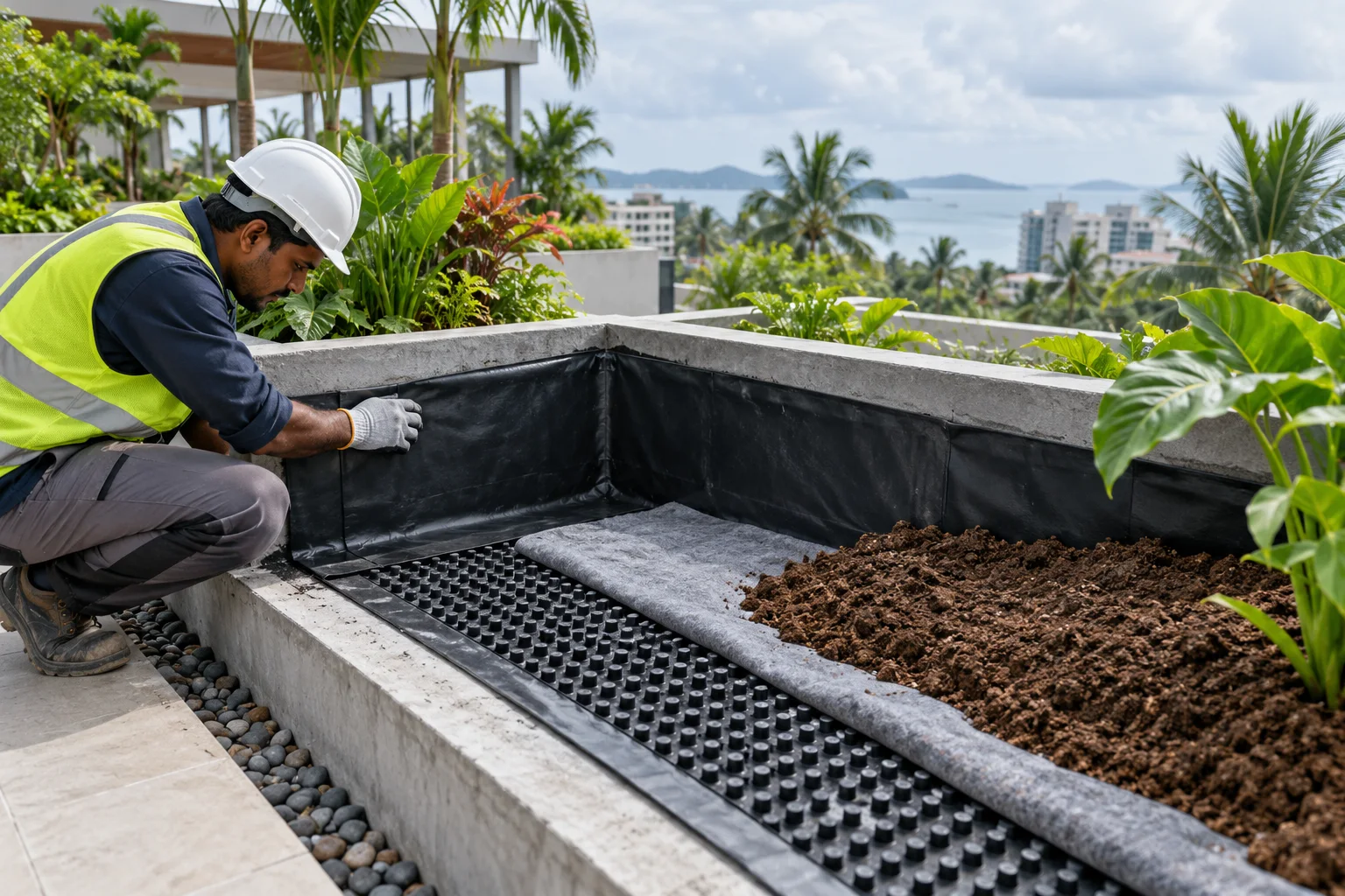 Specialist installing a waterproof membrane and drainage layer inside a tropical rooftop planter box